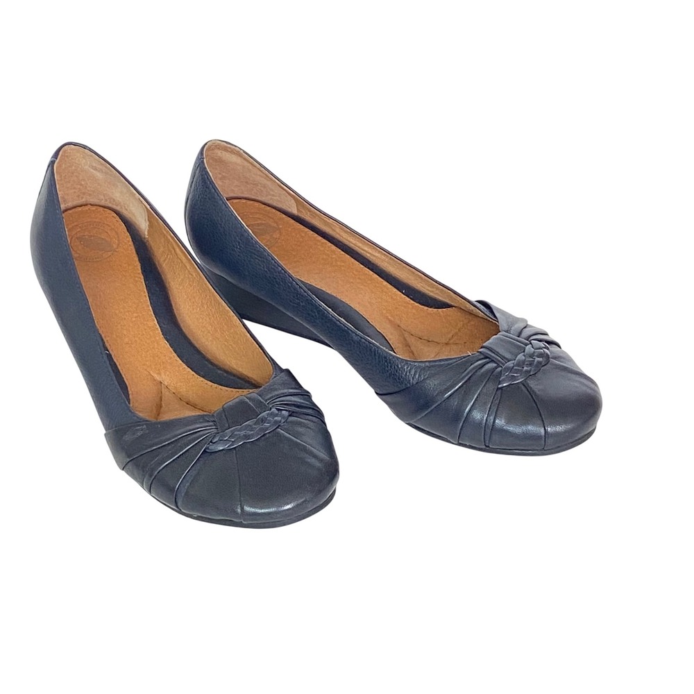 Nurture Jocelyn Womens Navy Blue Leather Pleated Braided Wedge Pumps Size 7.5